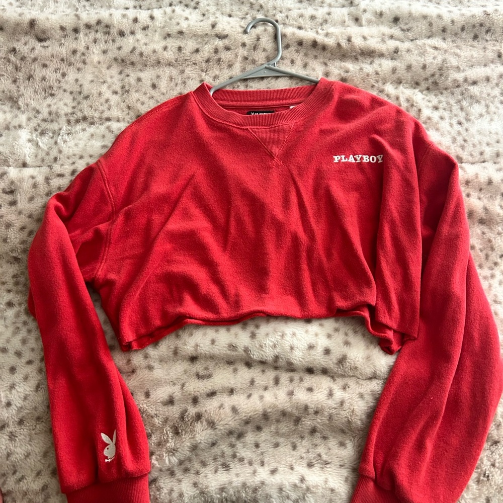 PLAYBOY Red Oversized Cropped Hoodie